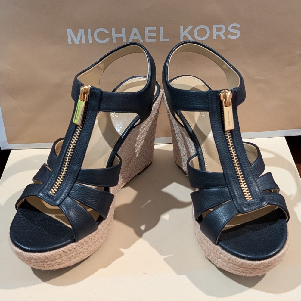 Michael Kors, Leather Black Wedge Sandals